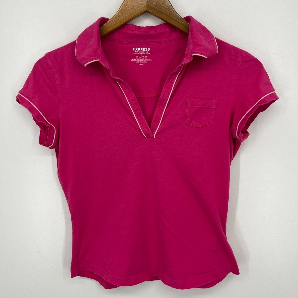 Express‎ Polo Shirt Women's Size M Pink The Mini Polo 100% Cotton Pocket Solid